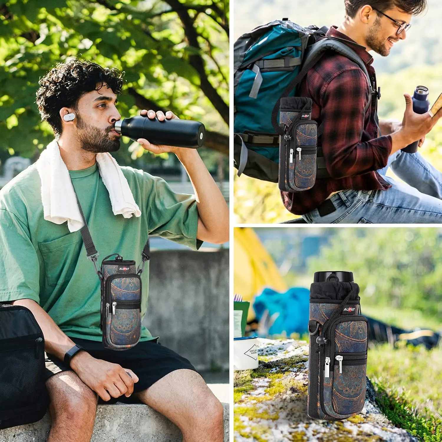 AUPET Water Bottle Sling Bag Sleeve Holder Carrier 25/32/40/64 oz,Insulated Crossbody Water Bottle Case Cover with Strap and Pockets for Men/Women Walking Hiking