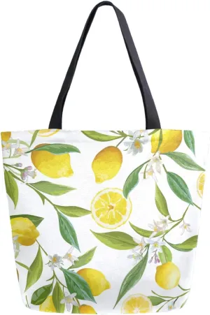 Chic Fresh Tropical Lemons Floral Large Canvas Shoulder Tote Top Handle Bag for Gym Beach Travel Shopping