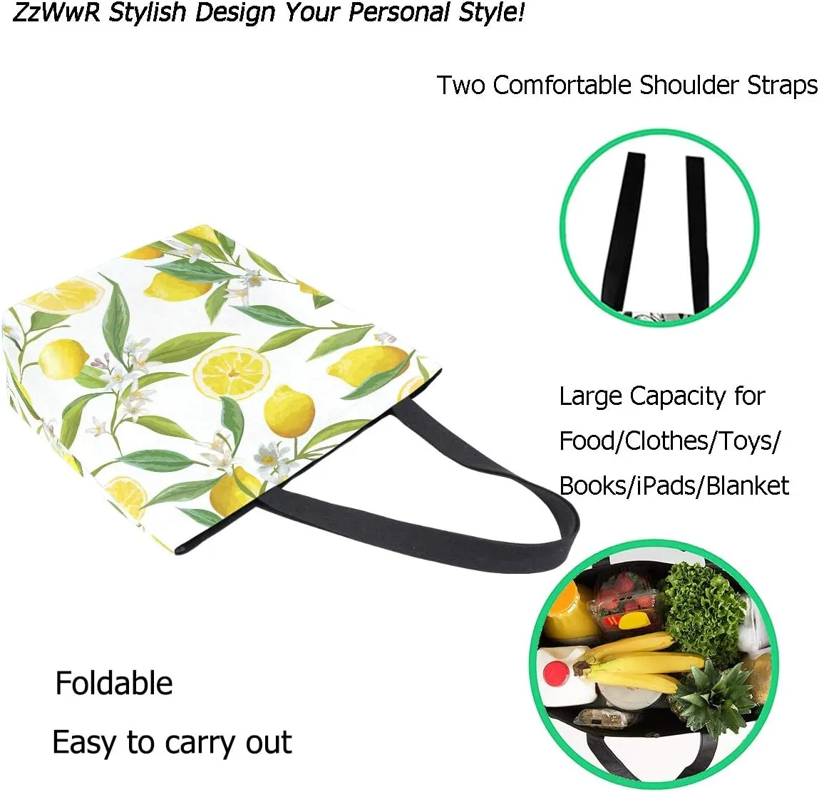 Chic Fresh Tropical Lemons Floral Large Canvas Shoulder Tote Top Handle Bag for Gym Beach Travel Shopping