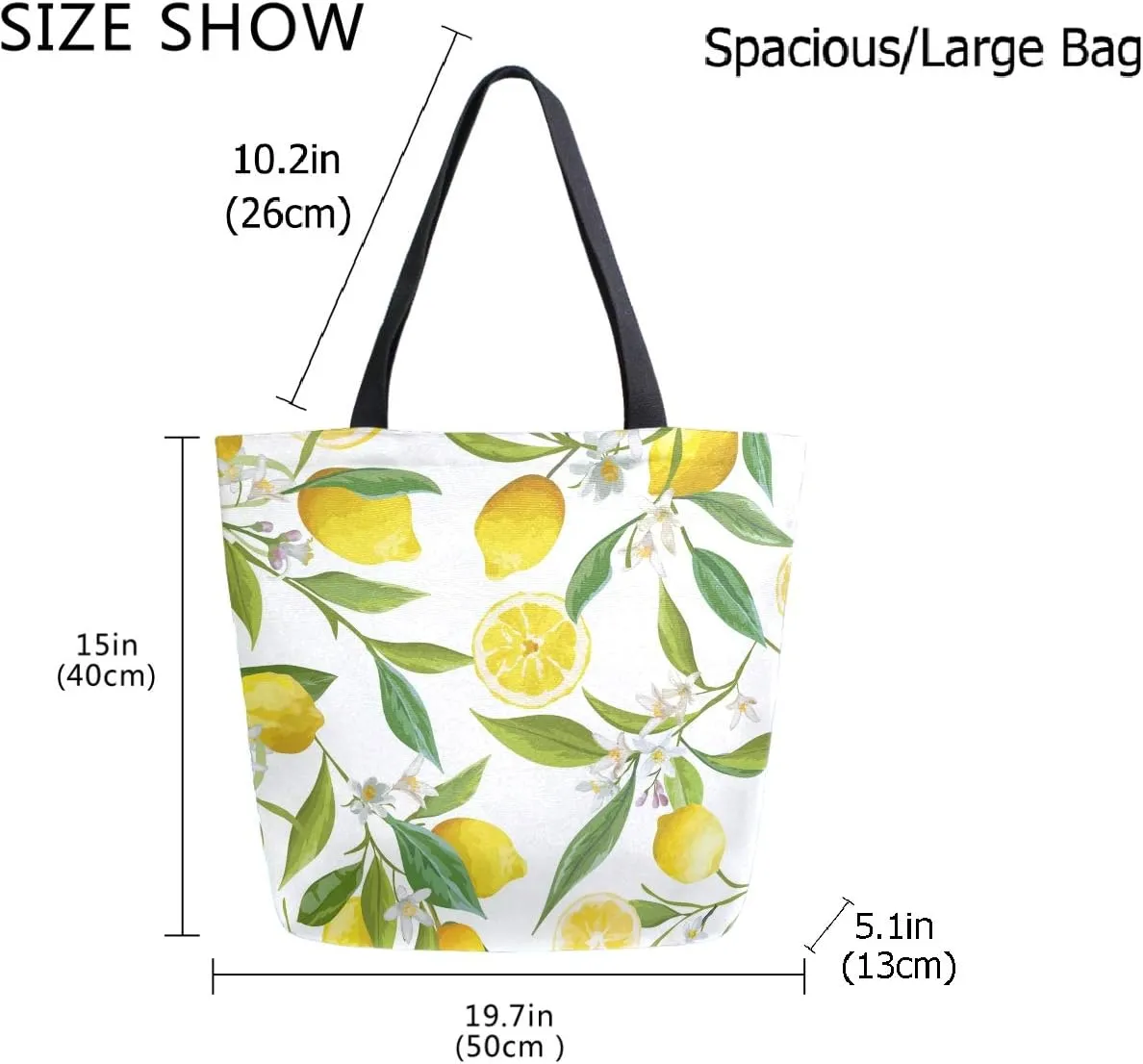 Chic Fresh Tropical Lemons Floral Large Canvas Shoulder Tote Top Handle Bag for Gym Beach Travel Shopping