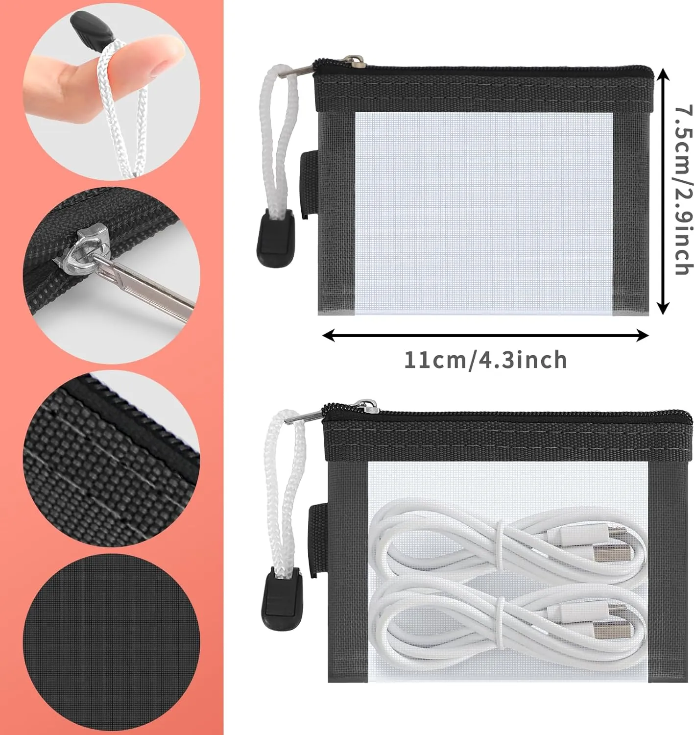 Classycoo Mini Mesh Zipper Bags 5 Pack, 3" x 4.3" Nylon Small Pouch Key Holder, Coin Purse, Card Holder, Portable Travel Makeup Cosmetic Bags for Lipstick, Earphone (Black & White)