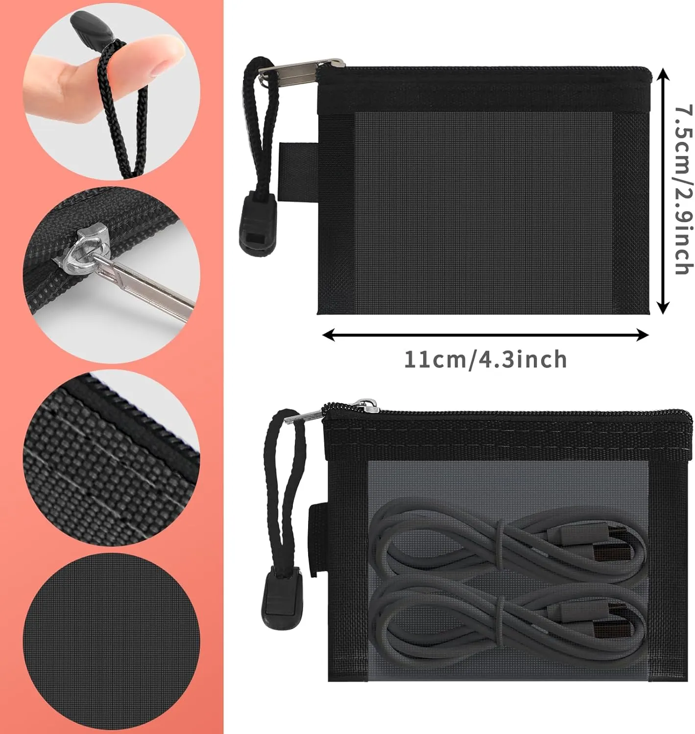 Classycoo Mini Zipper Mesh Bags 5 Pack,3" x 4.3" Nylon Small Zipper Mesh Pouch Key Holder,Coin Purse,Card Holder, Portable Travel Makeup Cosmetic Bags for Lipstick,Earphone (Black)