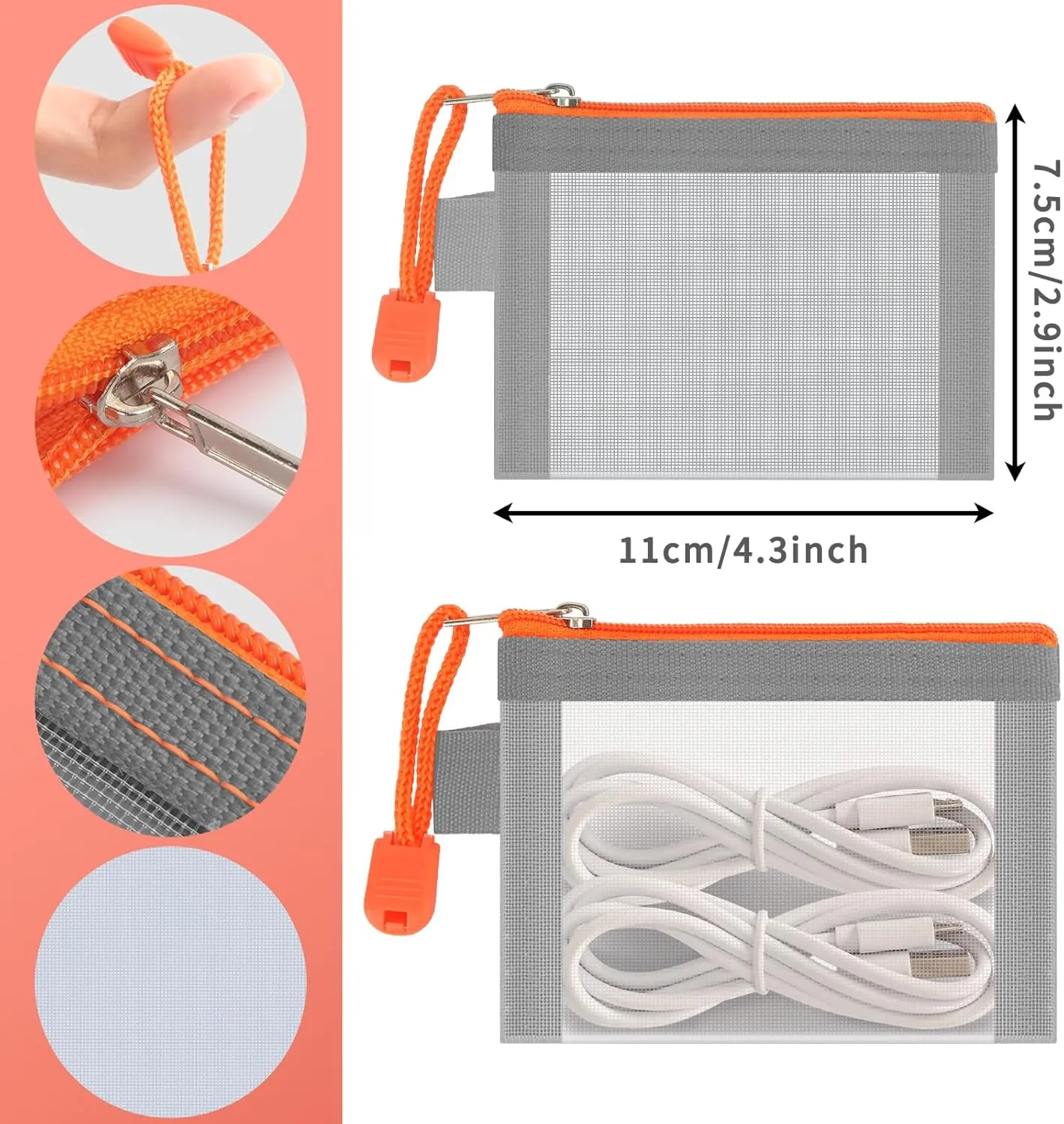 Classycoo Mini Zipper Mesh Bags 5 Pack,3" x 4.3" Nylon Small Zipper Mesh Pouch Key Holder,Coin Purse,Card Holder, Portable Travel Makeup Cosmetic Mesh Zipper Bags for Lipstick,Earphone (grey&orange)
