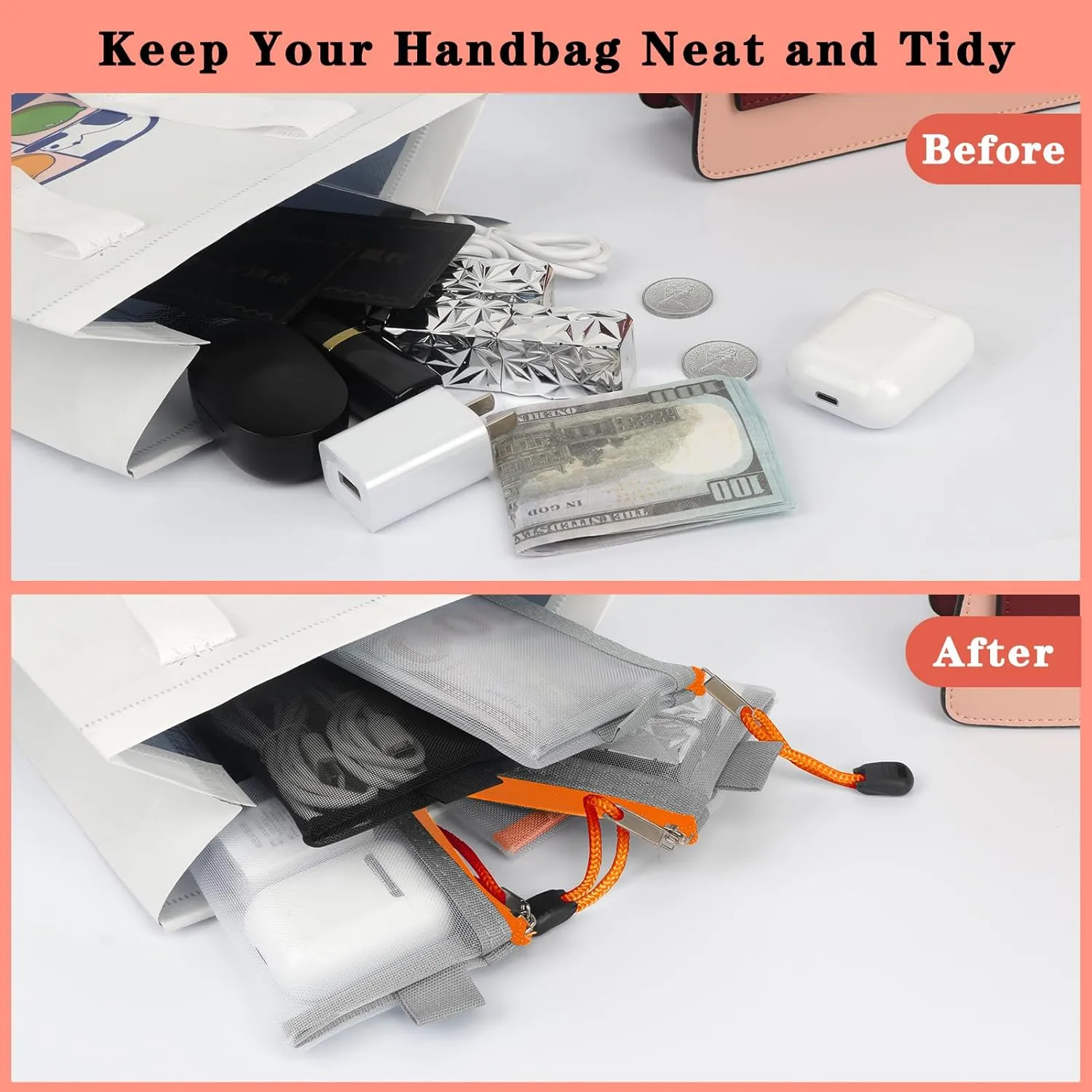 Classycoo Mini Zipper Mesh Bags 5 Pack,3" x 4.3" Nylon Small Zipper Mesh Pouch Key Holder,Coin Purse,Card Holder, Portable Travel Makeup Cosmetic Mesh Zipper Bags for Lipstick,Earphone (grey&orange)