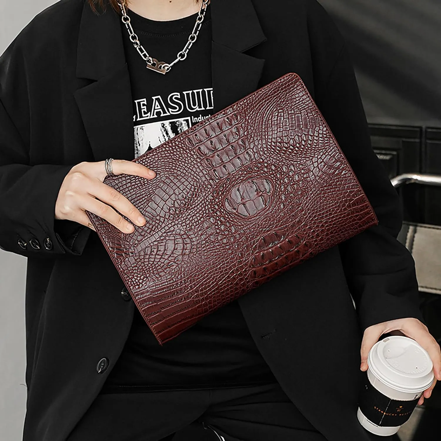 Crocodile Pattern Clutch Purse Oversized PU Leather Envelope Clutch Evening Handbag