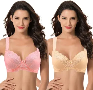 Curve Muse Women's Plus Size Unlined Underwire Lace Bra with Cushion Straps-2PK