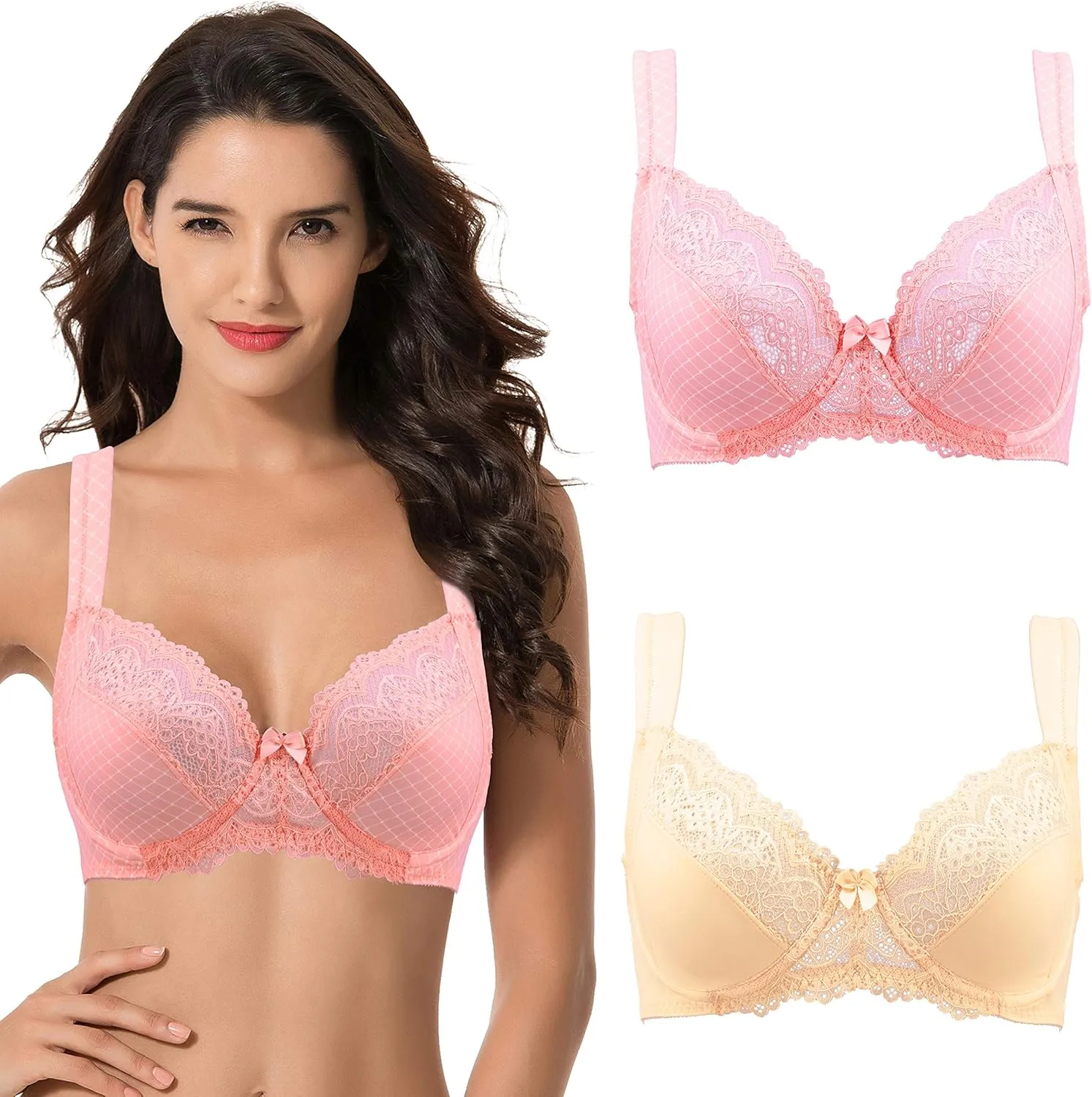 Curve Muse Women's Plus Size Unlined Underwire Lace Bra with Cushion Straps-2PK