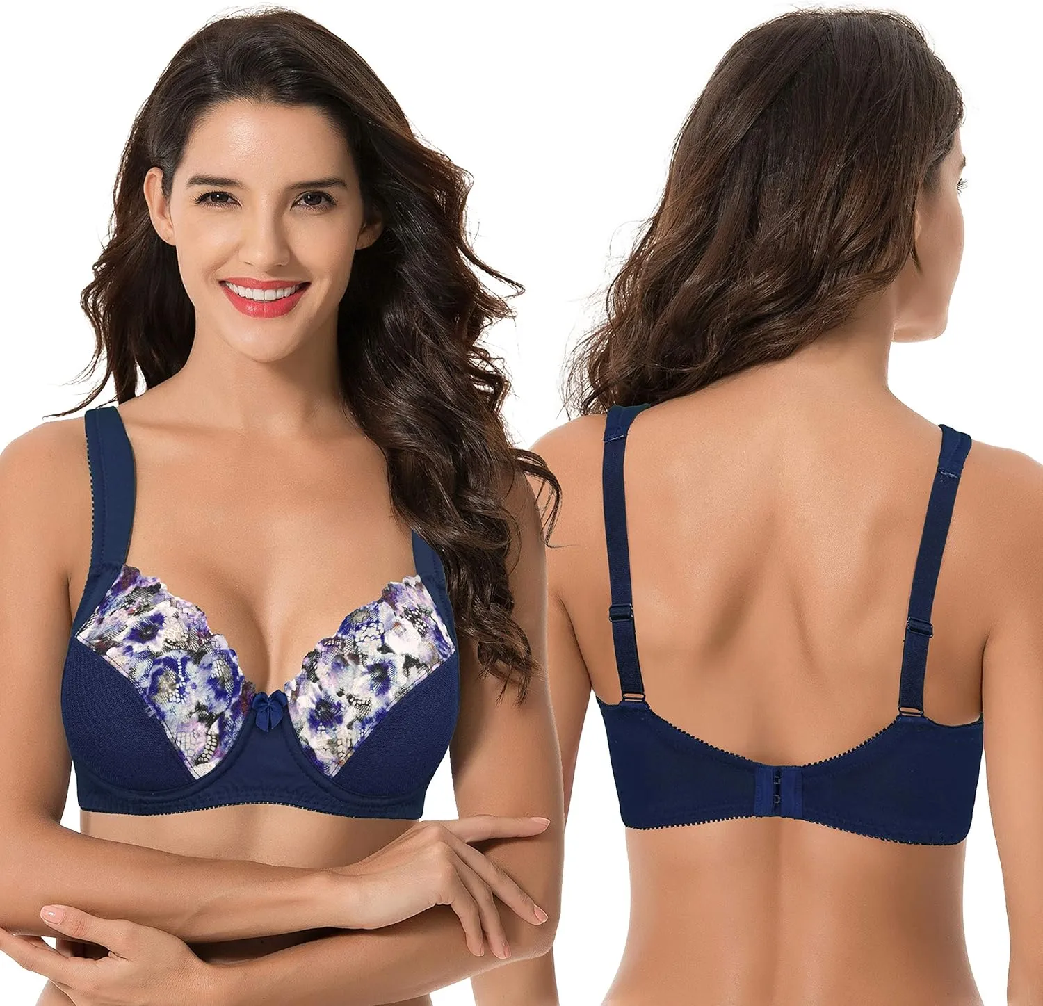 Curve Muse Women's Plus Size Unlined Underwire Lace Bra with Cushion Straps-2PK