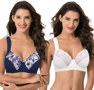 Curve Muse Women's Plus Size Unlined Underwire Lace Bra with Cushion Straps-2PK