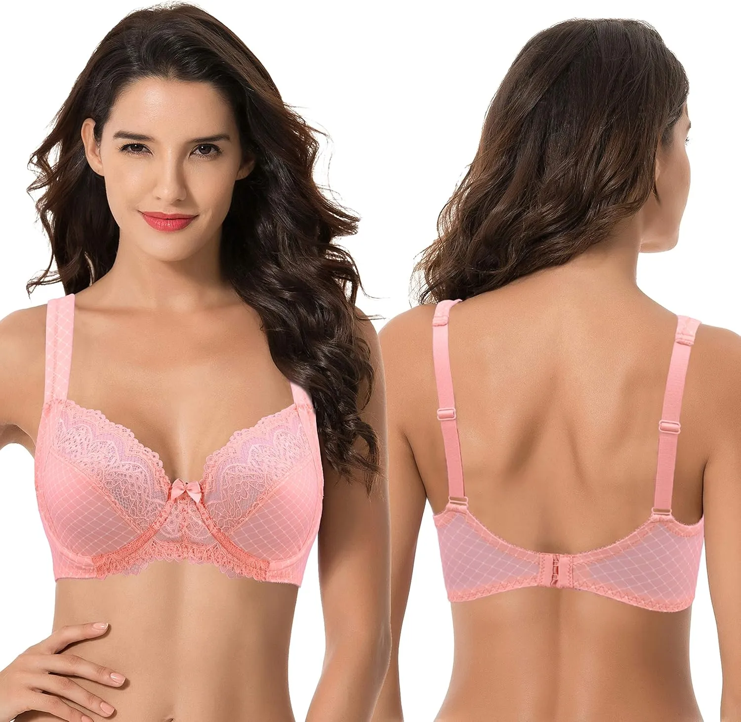 Curve Muse Women's Plus Size Unlined Underwire Lace Bra with Cushion Straps-2PK