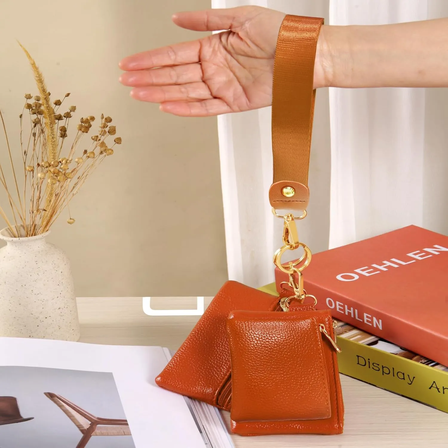Dual Pouch Wristlet Wallet for Women, Mini Zip Around Wristlet Portable Keychain Wallet Detachable Small Change Purse Coin Pocket