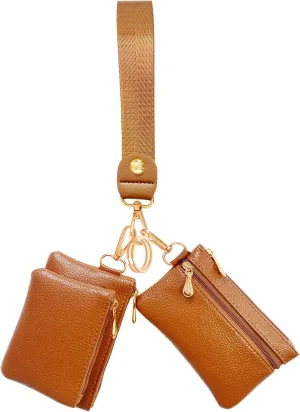 Dual Pouch Wristlet Wallet for Women, Mini Zip Around Wristlet Portable Keychain Wallet Detachable Small Change Purse Coin Pocket