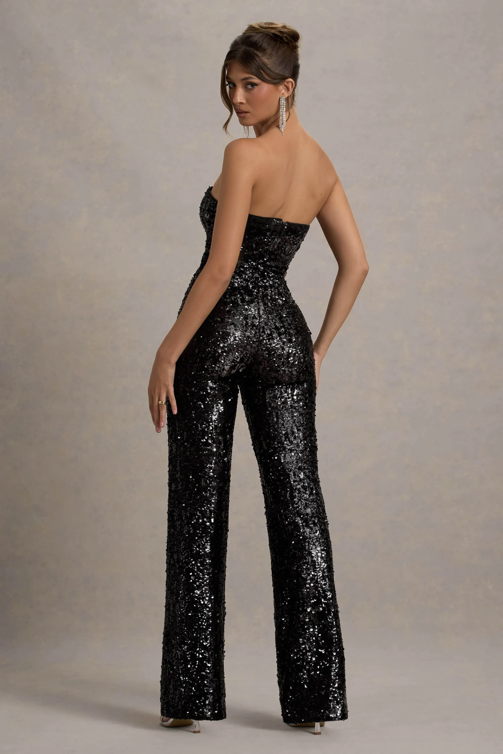 Elation | Black Sequin Strapless Flared-Leg Jumpsuit