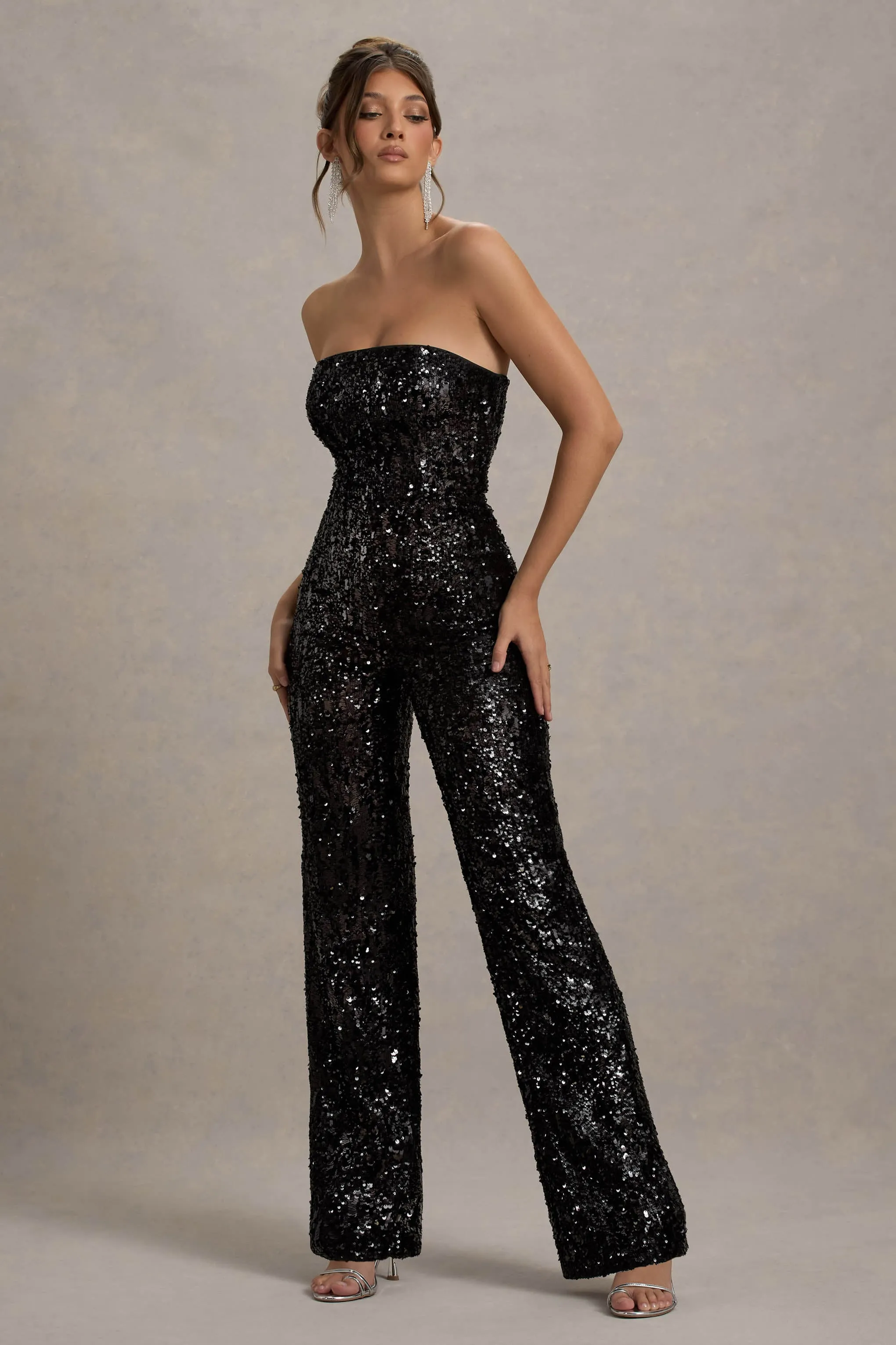 Elation | Black Sequin Strapless Flared-Leg Jumpsuit