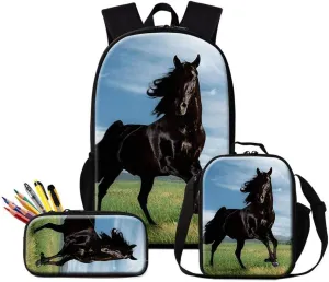 Horse Backpack and Cooler Bag for Boys Animal Print School Bookbag Girls Satchel Bagpack Pencil Case