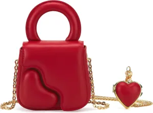 LA'FESTIN Mini Crossbody Bag for Women, Heart-Shape Leather Top-Handle Handbag with Heart-shape Mirrors & Long Chain Strap