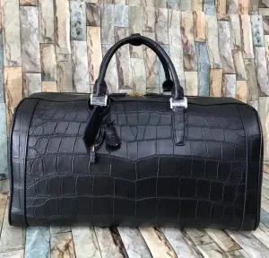Large Crocodile Skin Leather Travel Duffel Bag Black