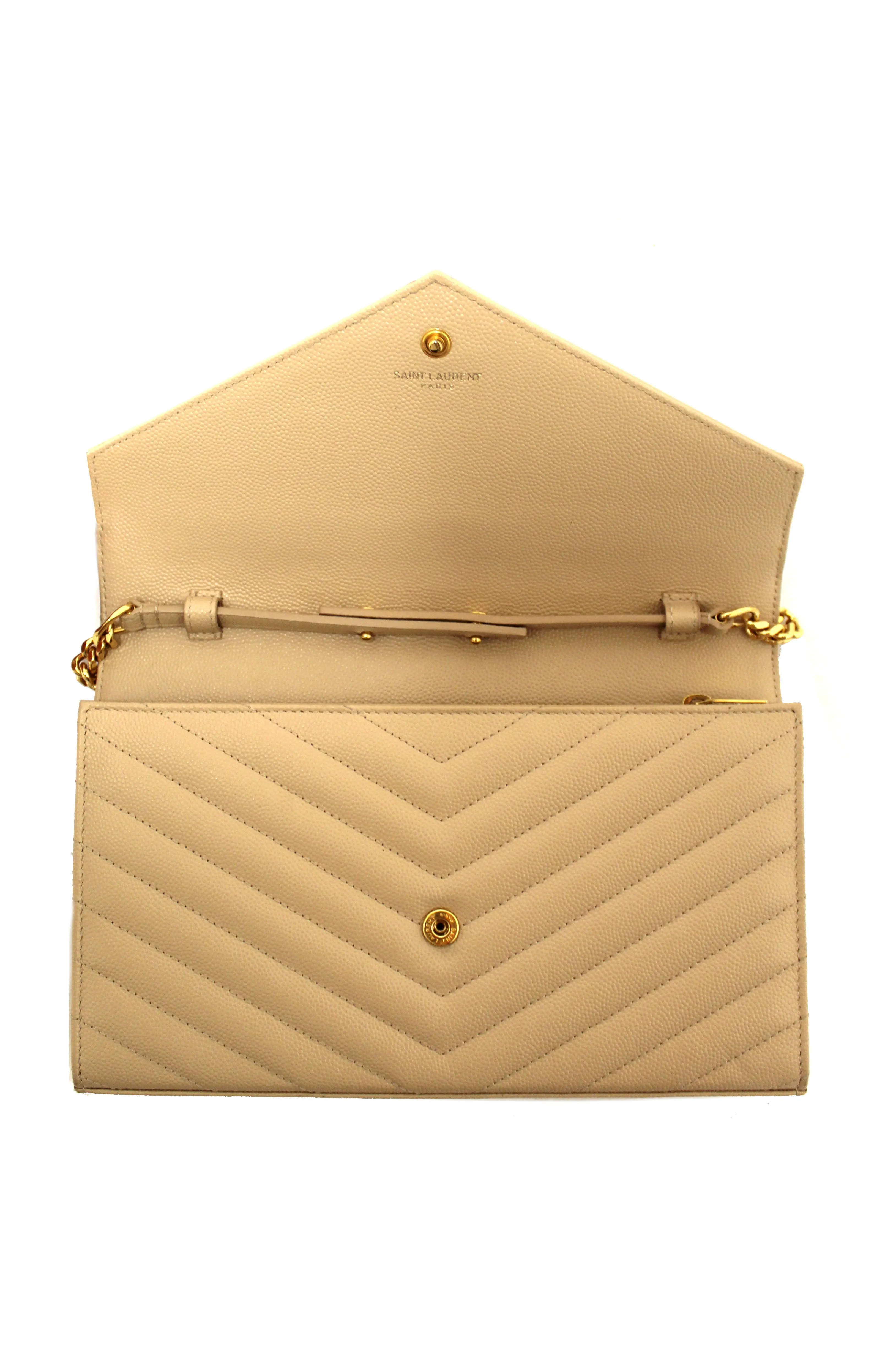 Saint Laurent Beige Matelasse Grain De Poudre Chevron Chain Wallet Crossbody Bag