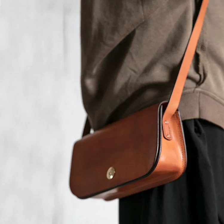 Small Womens Tan Leather Flap Crossbody Satchel Bag Purse Shoulder Bags for Women