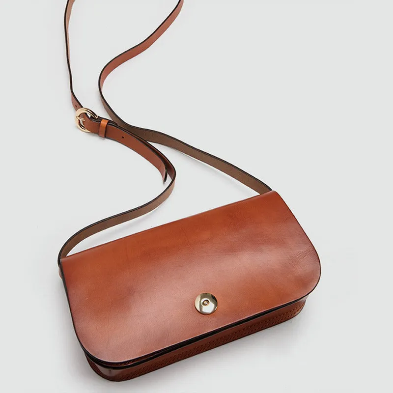 Small Womens Tan Leather Flap Crossbody Satchel Bag Purse Shoulder Bags for Women