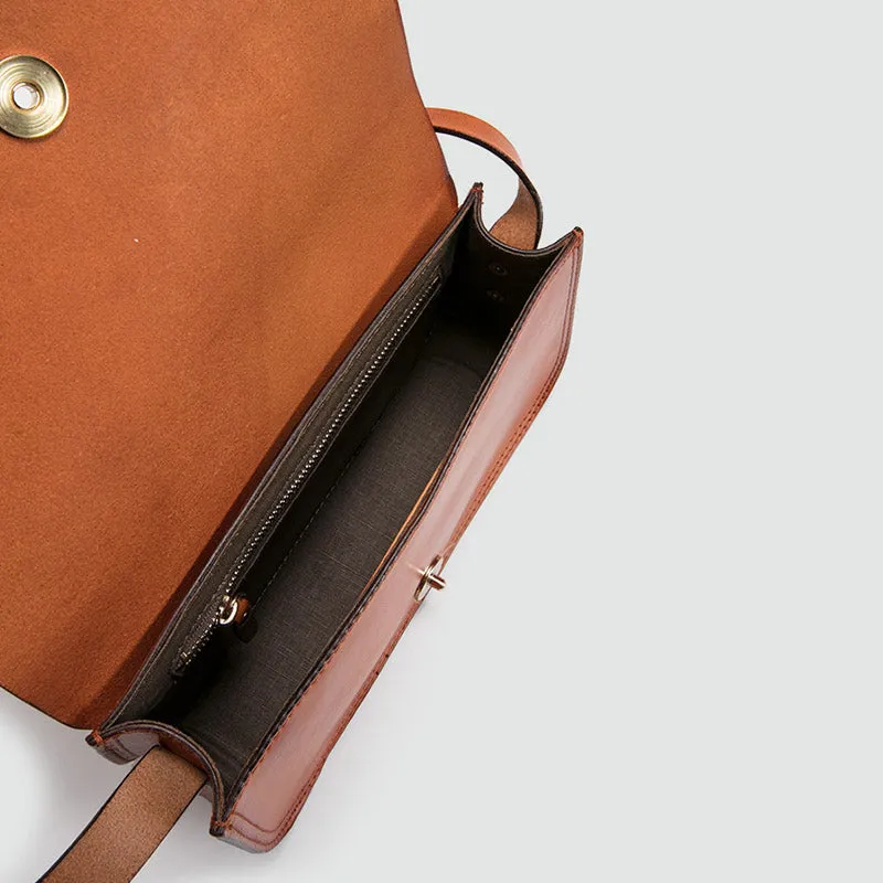 Small Womens Tan Leather Flap Crossbody Satchel Bag Purse Shoulder Bags for Women