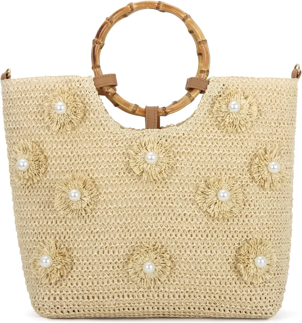 SUKUTU Flower Pearls Straw Tote Bag for Women Summer Beach Woven Top Handle Handbag with Adjustable Strap