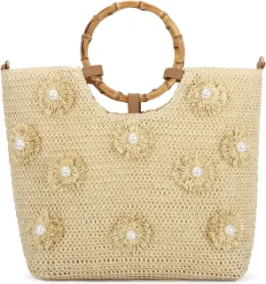 SUKUTU Flower Pearls Straw Tote Bag for Women Summer Beach Woven Top Handle Handbag with Adjustable Strap