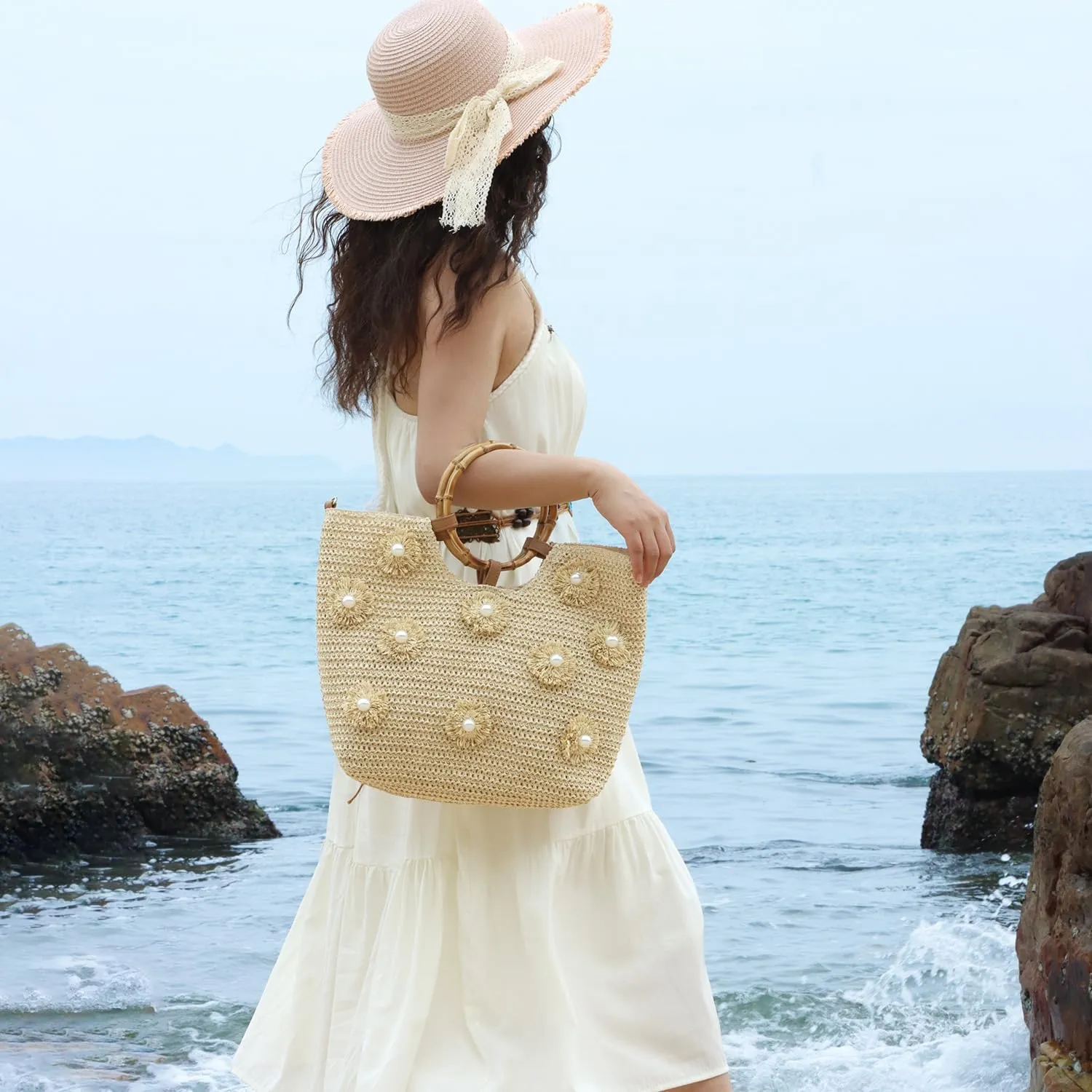 SUKUTU Flower Pearls Straw Tote Bag for Women Summer Beach Woven Top Handle Handbag with Adjustable Strap