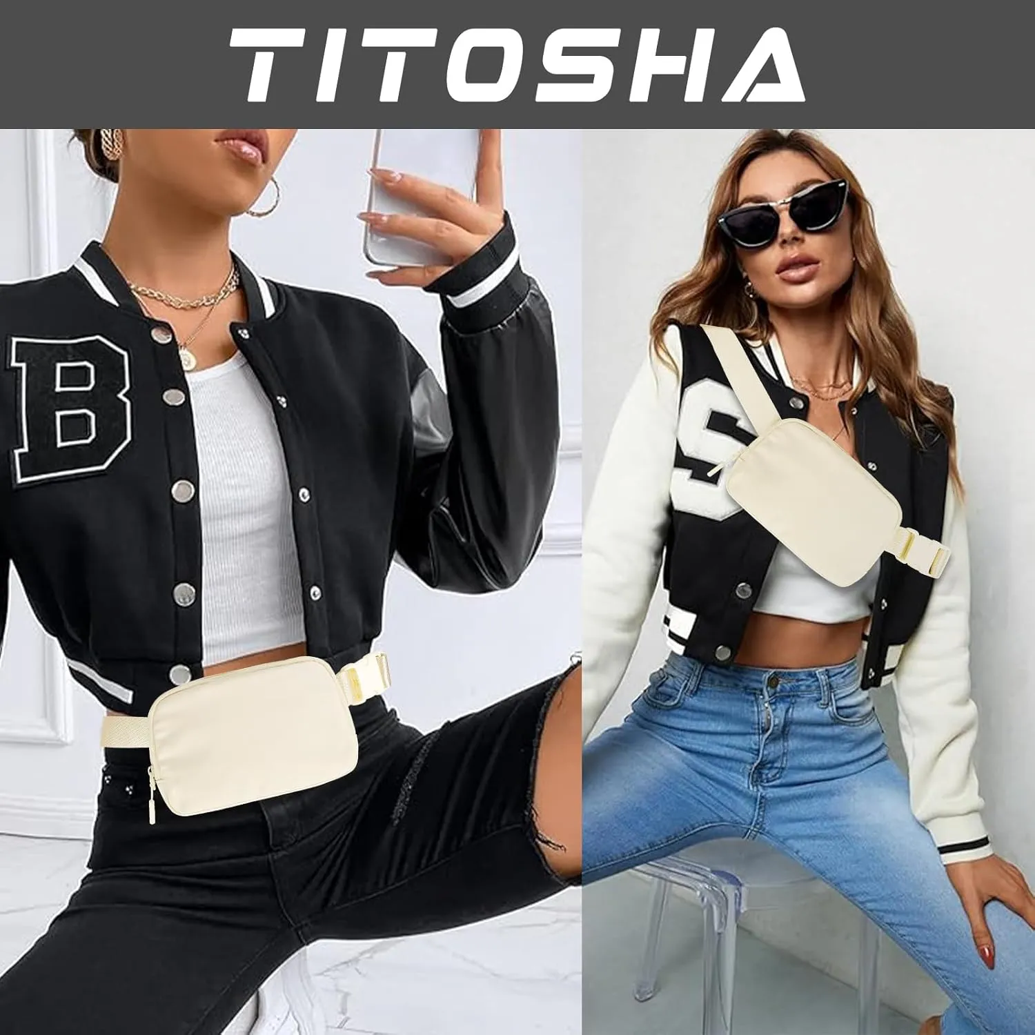 Titosha Belt Bag with Extender Strap 65'', Plus Size Fanny Pack Crossbody Bags for Women Men, Mini Everywhere Belt Bag, Fashion Small Waist Pouch (Beige   strap)