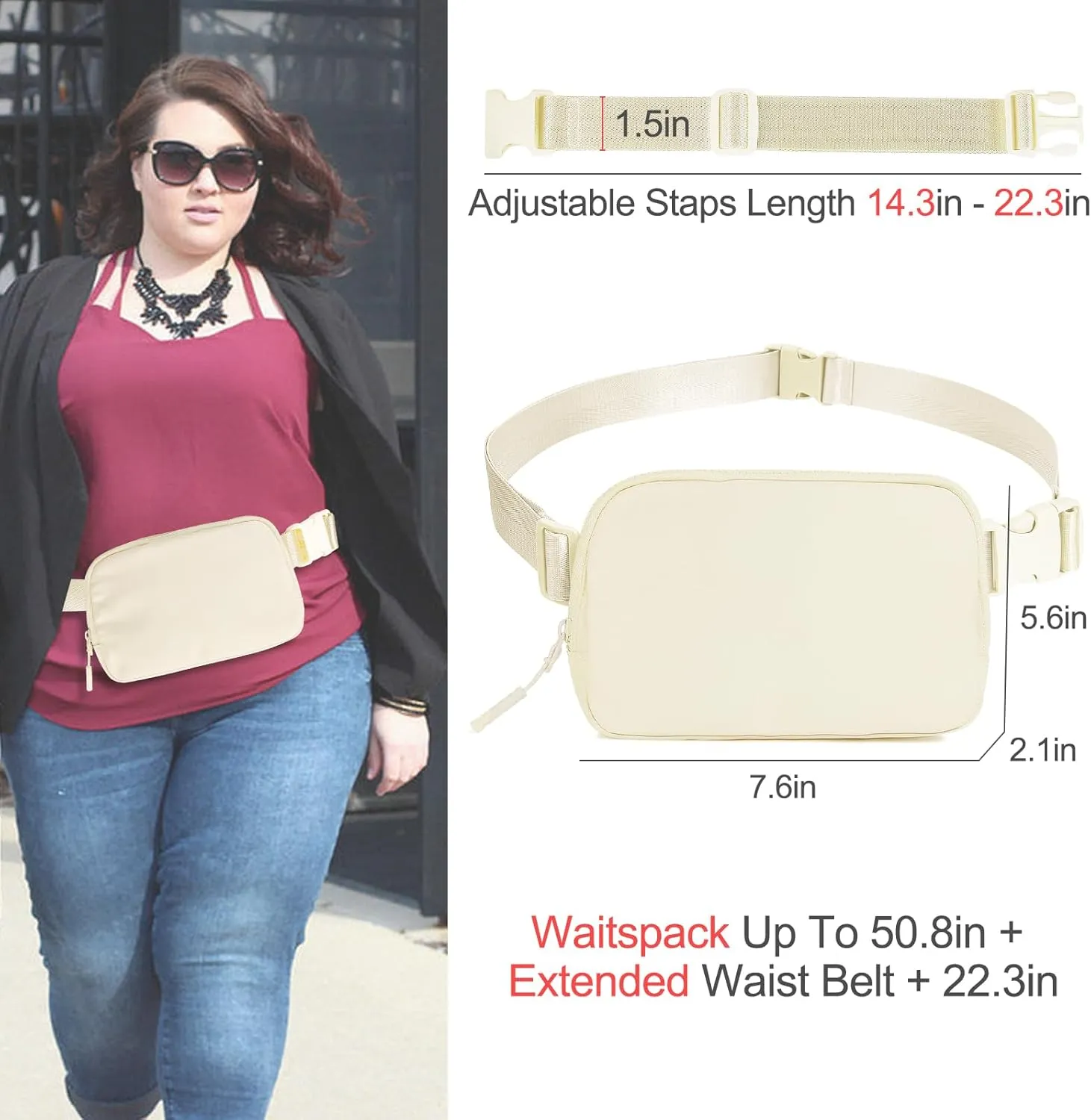 Titosha Belt Bag with Extender Strap 65'', Plus Size Fanny Pack Crossbody Bags for Women Men, Mini Everywhere Belt Bag, Fashion Small Waist Pouch (Beige   strap)