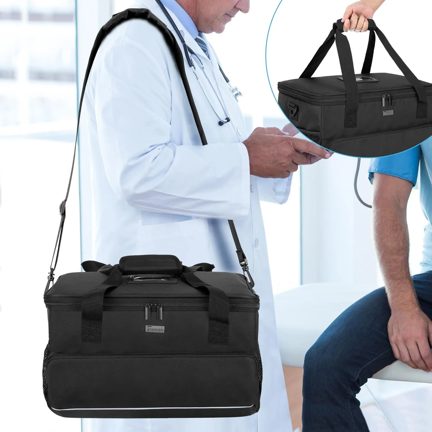 Trunab Large Insulated Medical Bag with Adjustable Dividers, Easy Clean Trauma Bag, Medicine Supplies Storage Bag for Home, Travel, Camping, Bag Only - Patented Design, Black
