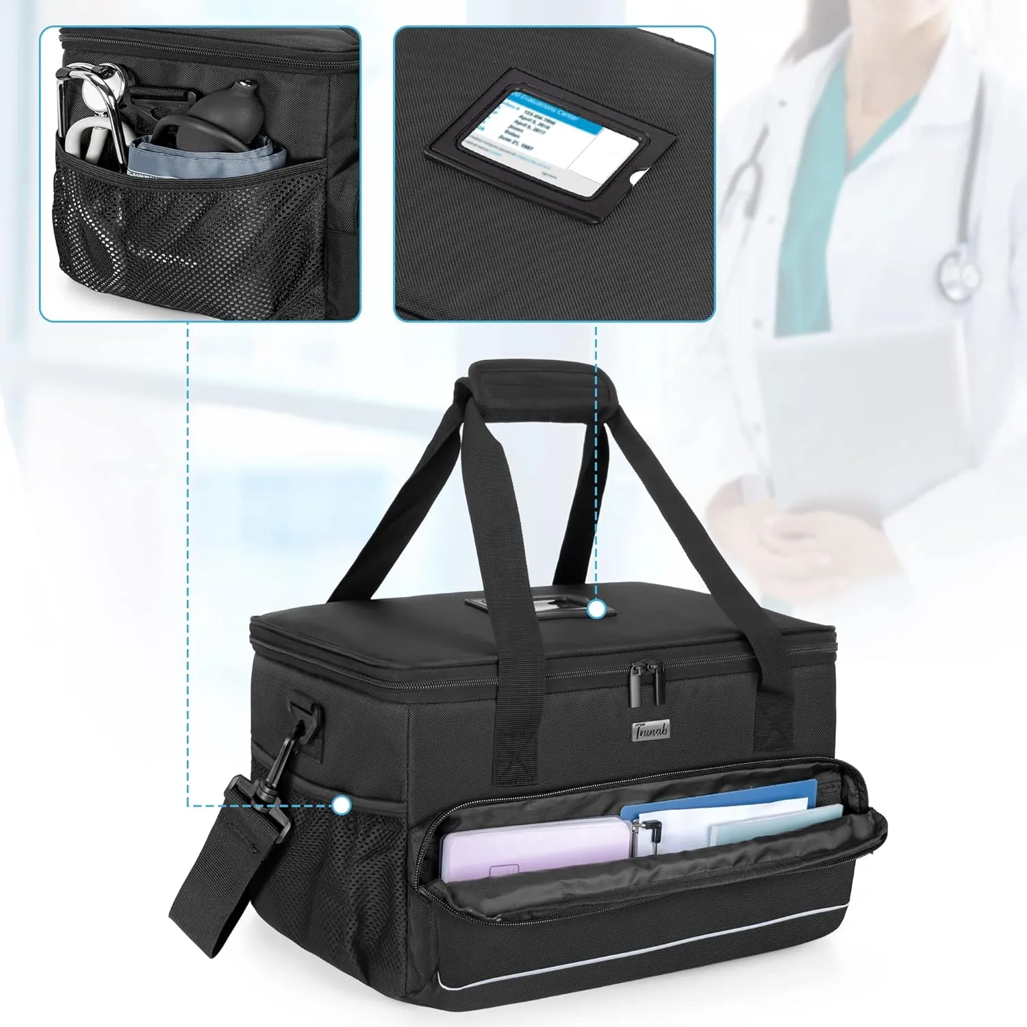 Trunab Large Insulated Medical Bag with Adjustable Dividers, Easy Clean Trauma Bag, Medicine Supplies Storage Bag for Home, Travel, Camping, Bag Only - Patented Design, Black
