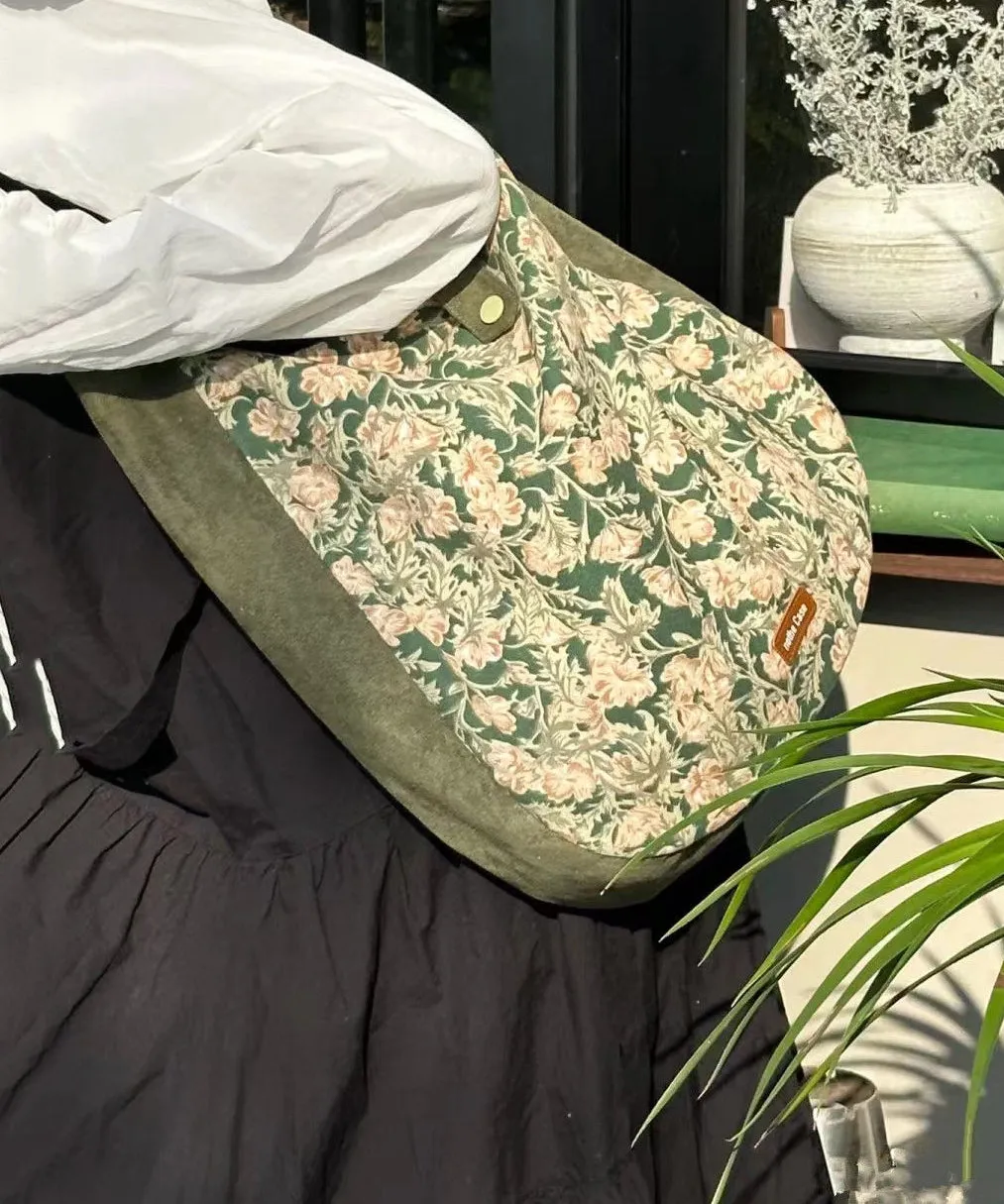 Vintage Green Print Patchwork Velour Satchel Handbag LY1769