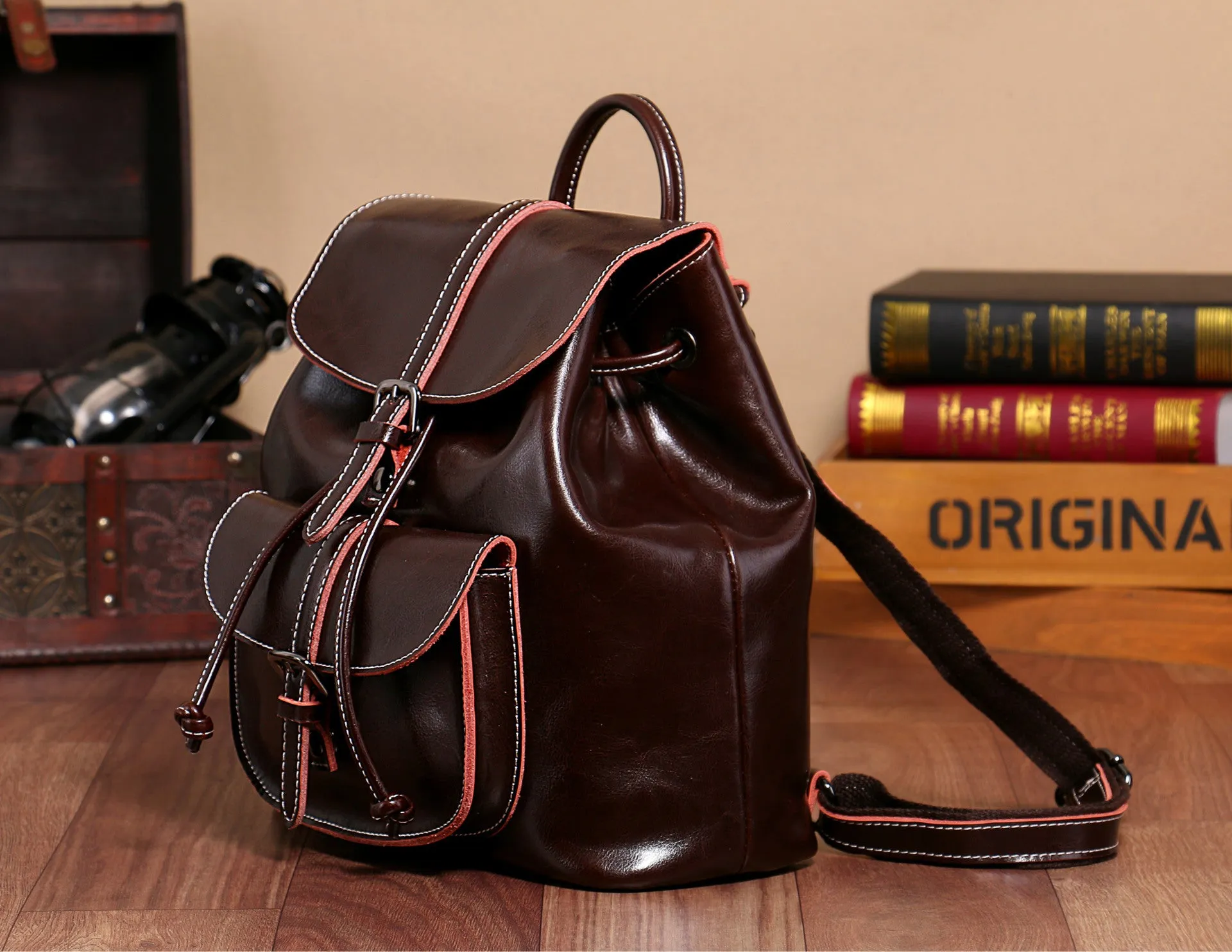 YAAGLE Women Wax Leather Drawstring Backpack YG9912D
