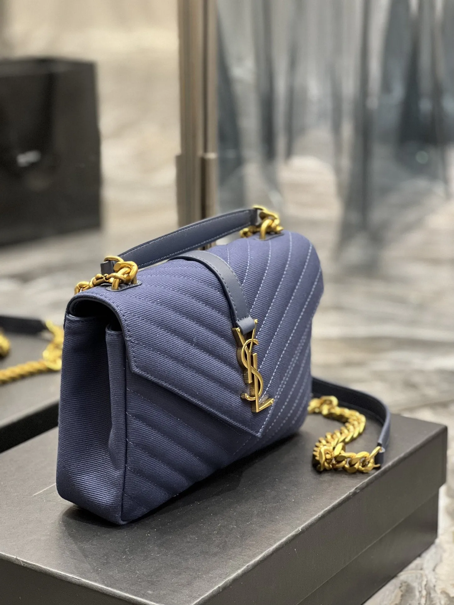 YSSL Envelope Medium Bag Marine In Mix Matelassé Grain De Poudre Embossed Material For Women 9.4in/24cm YSL 600185BOW914147