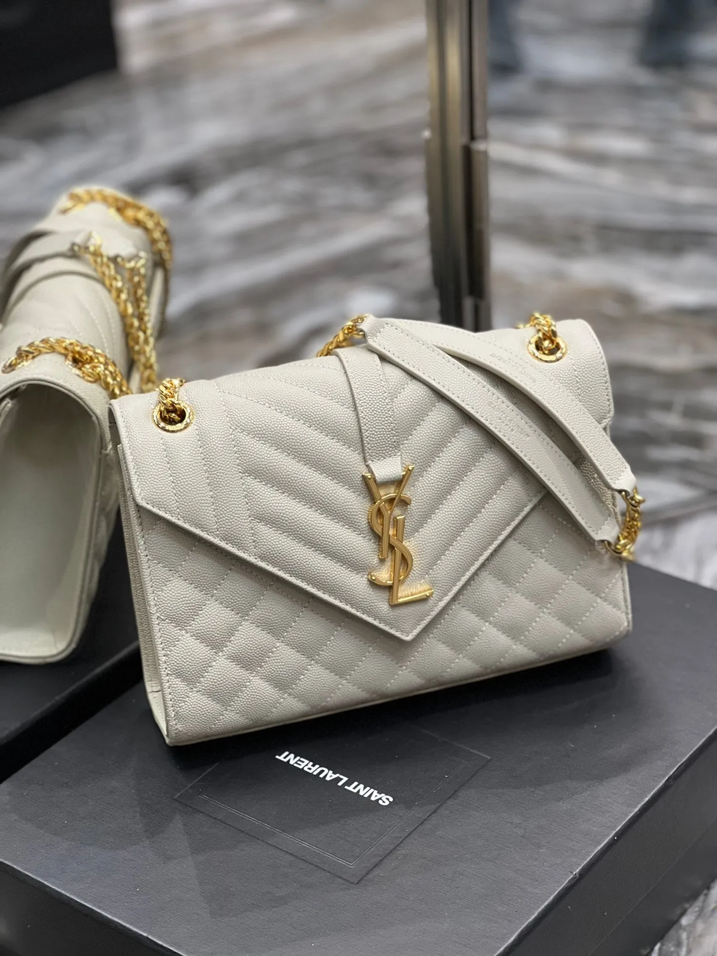 YSSL Envelope Medium Chain Bag White For Women, Women&#8217;s Bags 9.4in/24cm YSL
